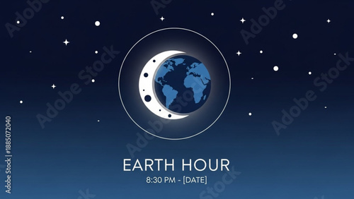 Earth Hour Illustration with Globe and Stars in Dark Blue Background