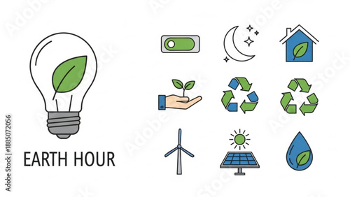 Earth Hour Icons Set with Eco-Friendly Symbols and Renewable Energy