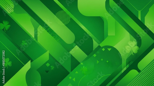 Green Abstract Background with Geometric Shapes and Clover Leaves