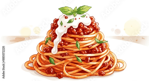 A plate of spaghetti with red sauce and basil leaves, viewed from directly above on a clean white table