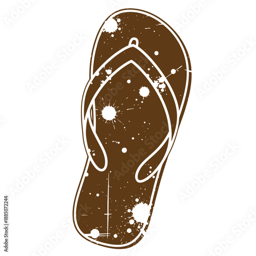 Drawing Vintage grunge  texture Brown flip flop with white outline and splatter design on clean white background