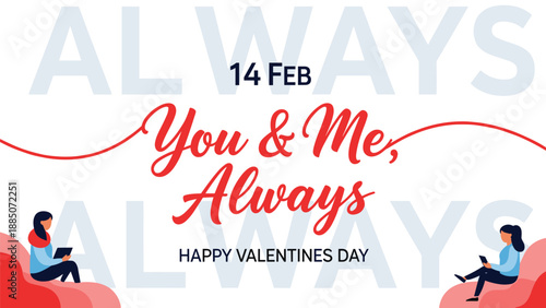 You and me always happy valentines day greeting card with a red line connecting two women using laptops on pink clouds.