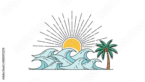 Minimalist linear illustration of a sunset over ocean waves with a silhouette of a palm tree on the right side on white.