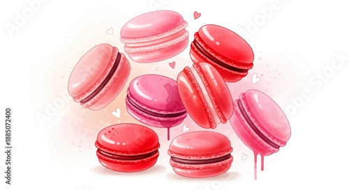 Assorted red and pink macarons floating in mid-air with some in focus and others blurred vibrant colors