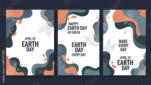 Earth day posters collection featuring eco friendly messages and abstract liquid shapes with leaves to promote environmental awareness.