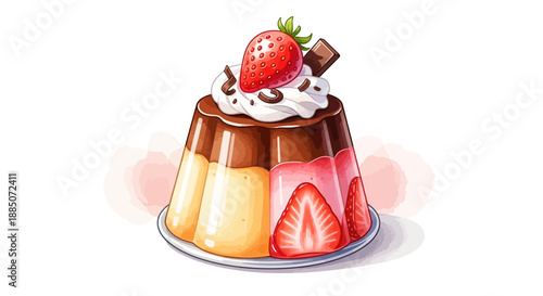 Dessert illustration featuring strawberries and chocolate on a plate, viewed from directly above