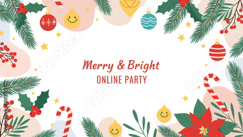 Merry and bright online party invitation with christmas pine needles red holly berries ornaments candy canes and poinsettia flower.