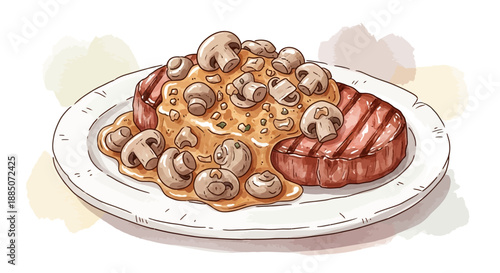 A culinary illustration of steak and mushrooms on a plate, viewed from directly above