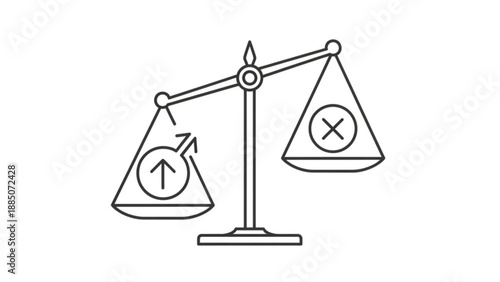 Balance Scale with Up Arrow and Cross Symbols, Simple Line Art Illustration