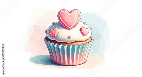 A watercolor illustration of a cupcake with heart-shaped decorations on top, viewed from directly above in a soft, pastel environment