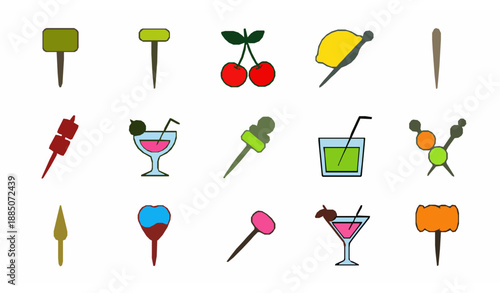 Party and cocktail cartoon toothpick icons vector set for web and app UI