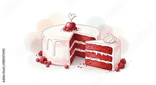 A digital illustration of a red velvet cake with a slice cut out, topped with cherries and whipped cream, viewed from the front