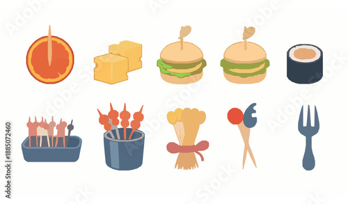 Food and kitchen cartoon toothpick icons vector set for web design