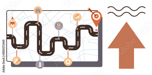 Business strategy, project goals, planning, roadmap creation, achievement tracking, team development. A winding road on a map with milestone icons and an upward arrow. Business strategy and project