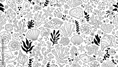 Seamless black and white pattern of sea shells starfish coral and seaweed creating a detailed nautical ocean life illustration.