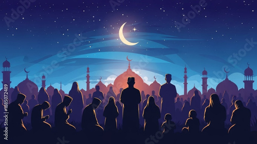 Muslims Praying Under Crescent Moon in Mosque Silhouette at Night