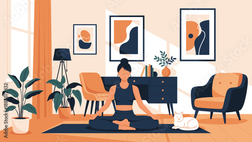 Young woman practicing yoga in a sunny modern living room with her white cat sitting on the mat during a peaceful home workout.