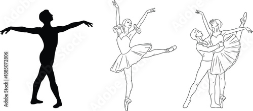 Elegant Ballet Dancer Silhouette and Line Art Set Featuring Male Soloist Graceful Ballerina in Tutu and Romantic Couple Performance