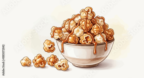 Caramel popcorn illustration in a bowl, sweet treats, dessert, snack, food