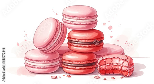 A stack of pink macarons with one broken, showcasing the delicate layers and filling, a sweet treat for any occasion, viewed from the front