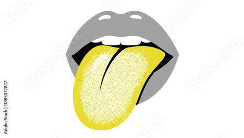 Bold pop art style illustration of a grey pair of lips with a long yellow tongue sticking out on a plain white background.