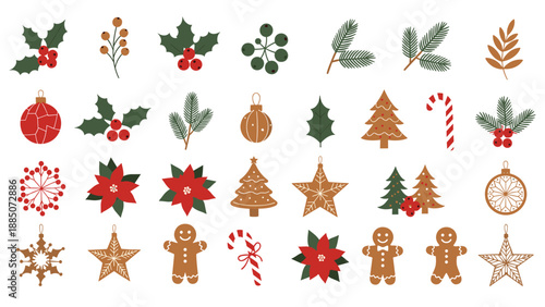 Large collection of christmas icons including holly leaves berries ornaments pine branches trees stars gingerbread men and candy canes.
