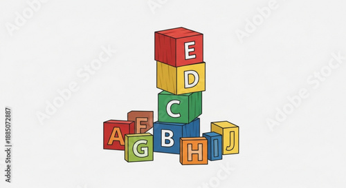 A colorful illustration of wooden alphabet blocks stacked in a playful tower