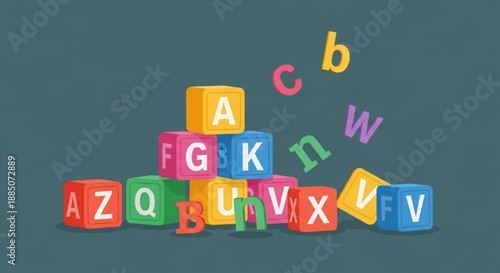 A colorful illustration of alphabet blocks and letters for children's education and learning