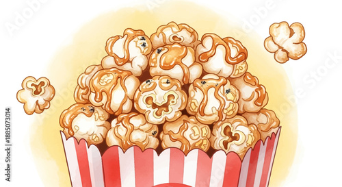 A bowl of caramel popcorn viewed from above, showcasing the striped container and floating pieces in a vibrant scene