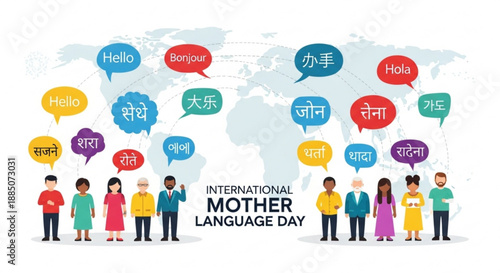 A colorful vector graphic celebrating International Mother Language Day with diverse people and speech bubbles