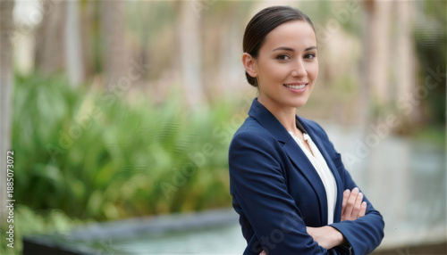 Woman in navy suit crossing arms and smiling in green outdoors