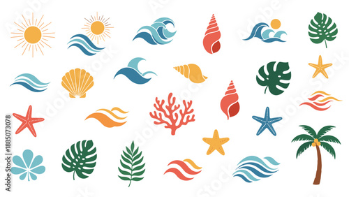 Collection of summer themed icons including suns, waves, seashells, tropical leaves, and a palm tree in bright flat colors.