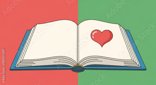 A colorful illustration of an open book with a heart on the page against a red and green background