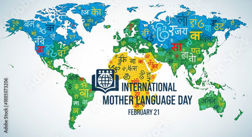 A colorful vector graphic of the world map celebrating International Mother Language Day on February 21