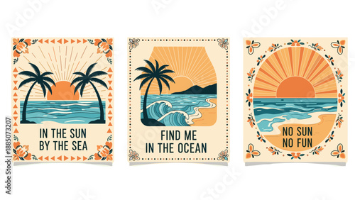 Vintage style beach posters set with tropical palm trees, ocean waves, and inspiring slogans for summer holiday vibes.