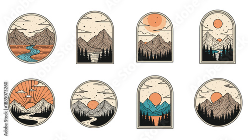 Set of eight decorative landscape icons with mountains, rivers, and forests in both circular and arched frame shapes.