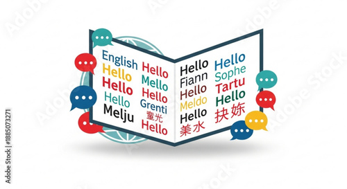 A colorful vector graphic of a book with the word 'Hello' in multiple languages, surrounded by speech bubbles.
