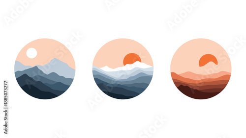 Minimalist landscape icons set showing mountain ranges at sunset and sunrise in blue and orange color palettes for logo.