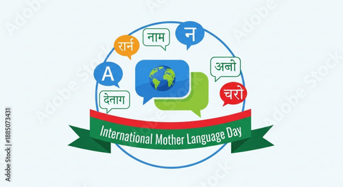 A colorful vector graphic celebrating International Mother Language Day with speech bubbles and a green ribbon