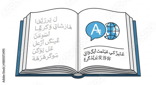 A vector graphic illustration of an open book with a globe and speech bubble on one page and foreign text on the other