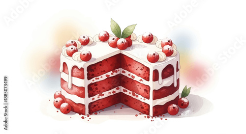 A digitally illustrated red velvet cake with white frosting and cherries, cut open to reveal layers, surrounded by scattered cherries on a blurred background.