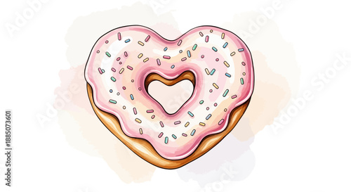 Heart-shaped donut with pink frosting and sprinkles, sweet treat, dessert illustration