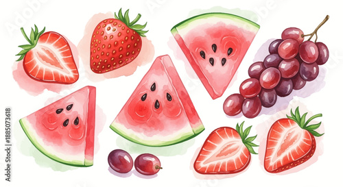 Fresh fruit arrangement featuring watermelon, strawberries, and grapes in a vibrant display on a clean white background from a top-down viewpoint