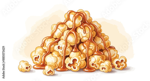 A pile of caramel-coated popcorn kernels viewed from the front on a neutral background in a digital illustration