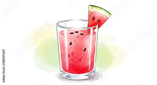 Refreshing watermelon drink in a glass with ice and seeds, garnished with a slice illustration