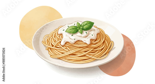 Delicious spaghetti illustration on a plate with basil and sauce, viewed from above, showcasing culinary artistry