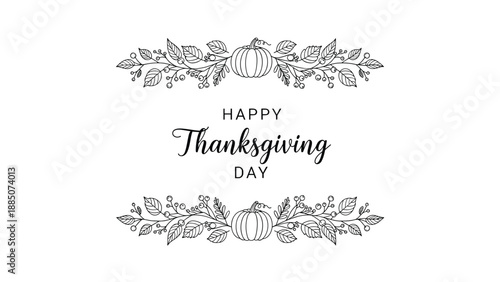 Elegant black and white line art illustration for happy thanksgiving day featuring decorative pumpkin and leaf borders on white.