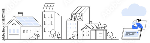 Renewable energy systems. Solar panels on homes and buildings signify renewable energy adoption and sustainability. Renewable energy promotes clean technology for urban and residential development