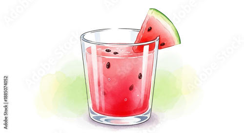 Refreshing watermelon drink in a clear glass with a slice garnish on a soft background viewed from the side