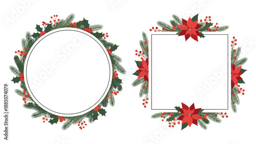 Holiday themed set of two Christmas wreaths in round and square shapes decorated with red poinsettias and green evergreen branches.